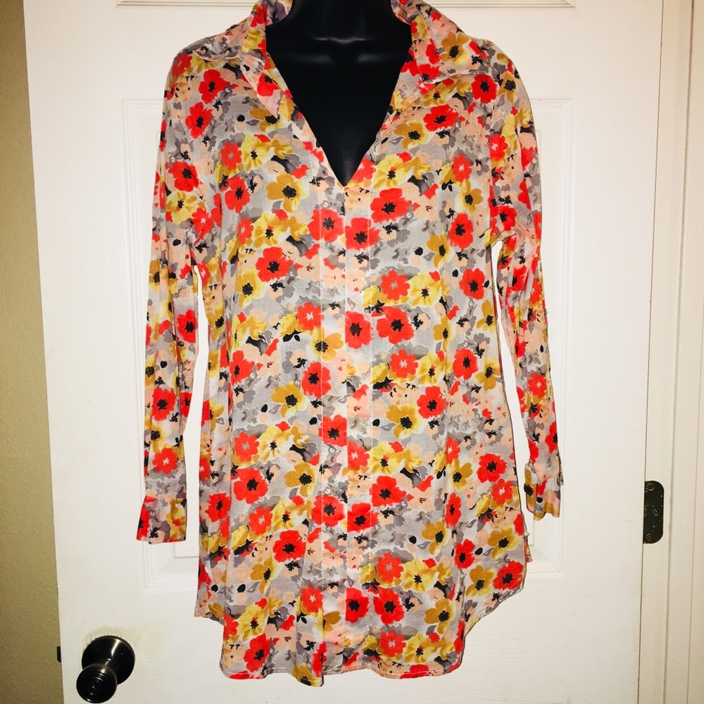 Anthropologie Floral Button-Down Blouse in Coral, Yellow & Gray